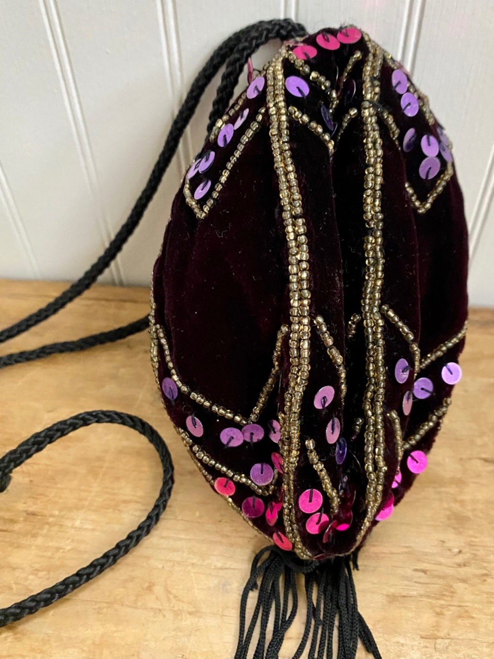 Vintage Velvet Evening Bag, Beaded Pouch. Tassel, Drawstring.